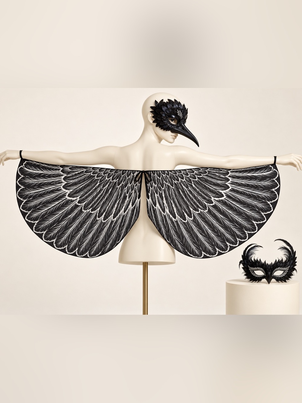 Raven Crow Costume Wings & 2 Black Bird Masks Gothic Halloween Cosplay Set